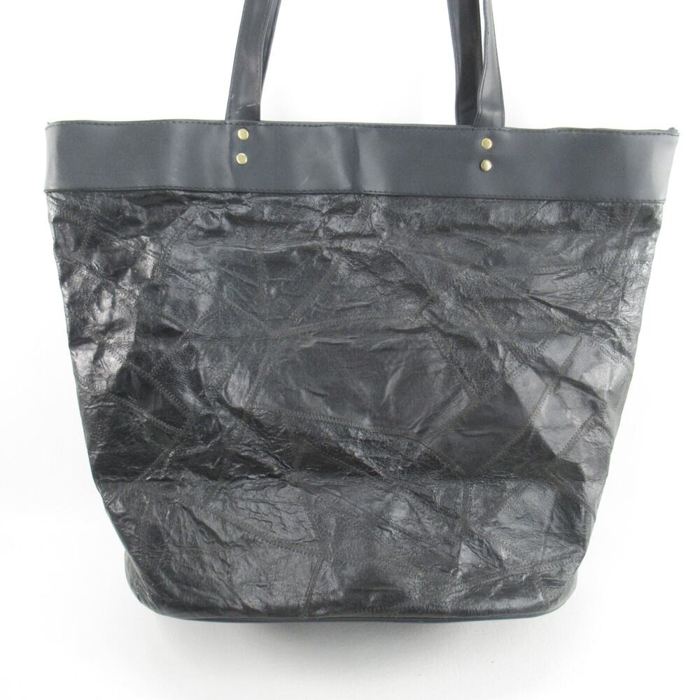 Vtg Black Patch Leather Tote Handbag XL Lined Double Shoulder Straps Bag Market